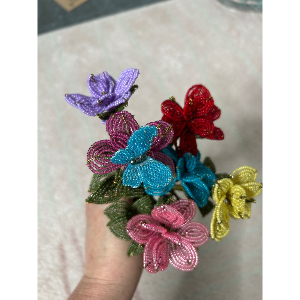 Beaded Flower Bouquet Multicolor 6 Stems 11" Home Decor Cottagecore Art Spring - Picture 3 of 10